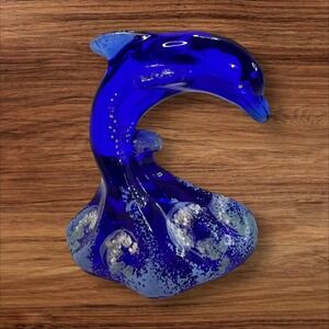 Fenton Art Glass Dolphin Figurine Cobalt Blue Ocean Waves‎ Sculpture Decor